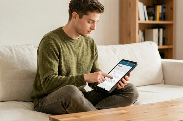 Jeune professionnel gérant ses documents personnels en ligne depuis une tablette dans un salon minimaliste