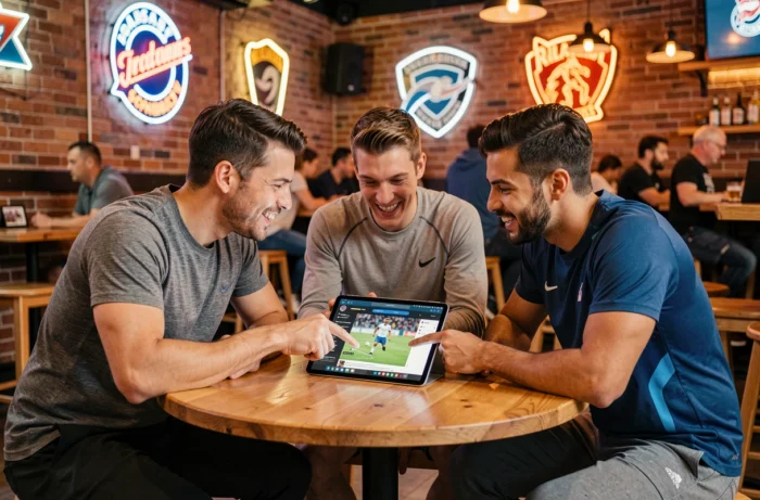 Groupe d'amis passionnés de sport discutant des dernières actualités sportives sur une tablette dans un bar