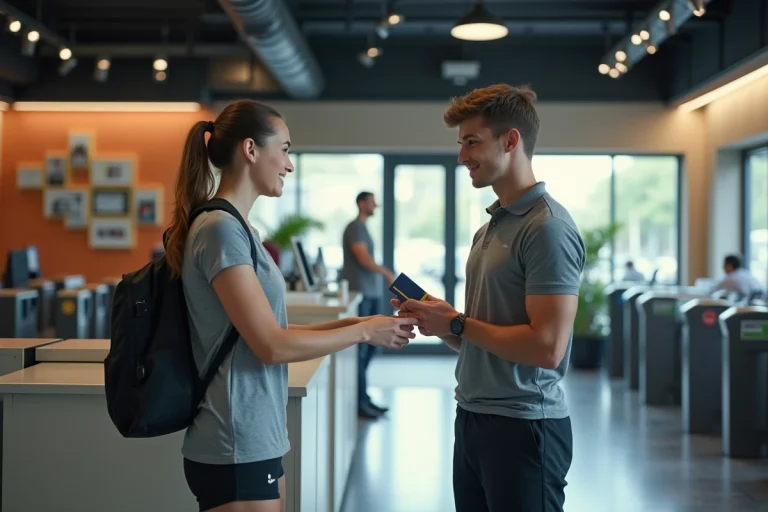 Un adolescent de 16 ans présente sa carte d'adhésion à la réception d'une salle de sport Basic Fit