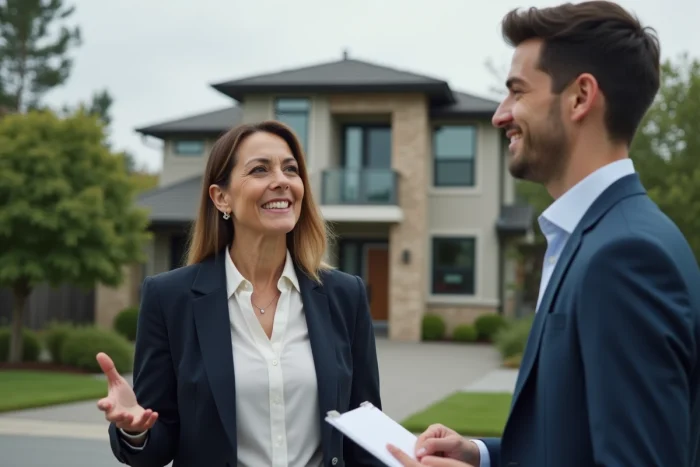 Agente immobilière présentant une maison moderne à un potentiel acheteur devant la façade en pierre