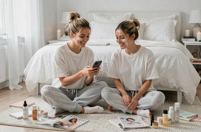 Deux amies partagent des astuces beauté et bien-être dans une ambiance intime et détendue