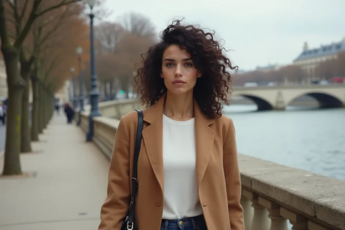 Femme élégante en manteau camel marchant sur les quais de la Seine à Paris, portrait éditorial de beauté naturelle française