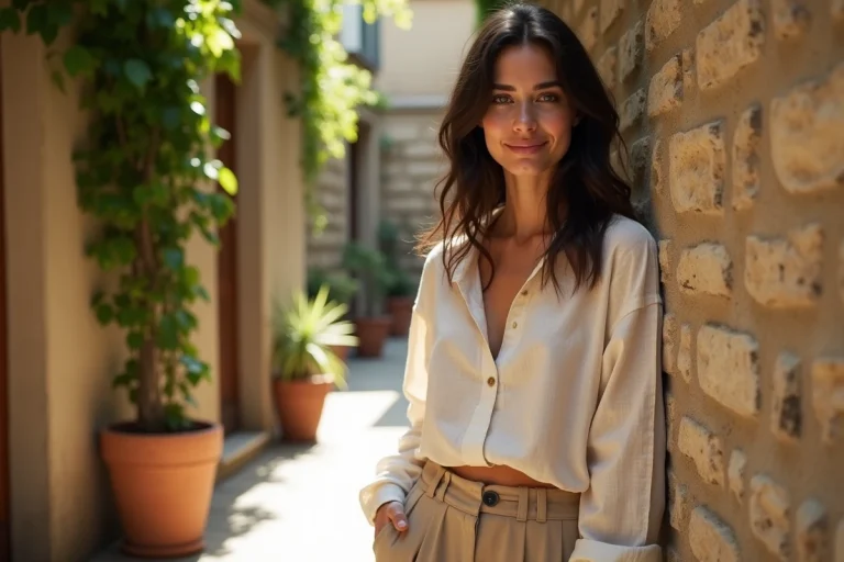 Femme aux traits méditerranéens naturels dans une cour parisienne en pierre, incarnant la beauté naturelle à la française