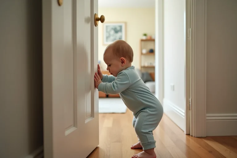 Bébé de 18 mois en train d'attraper une poignée de porte ronde en laiton dans un couloir de maison, expression concentrée et curieuse