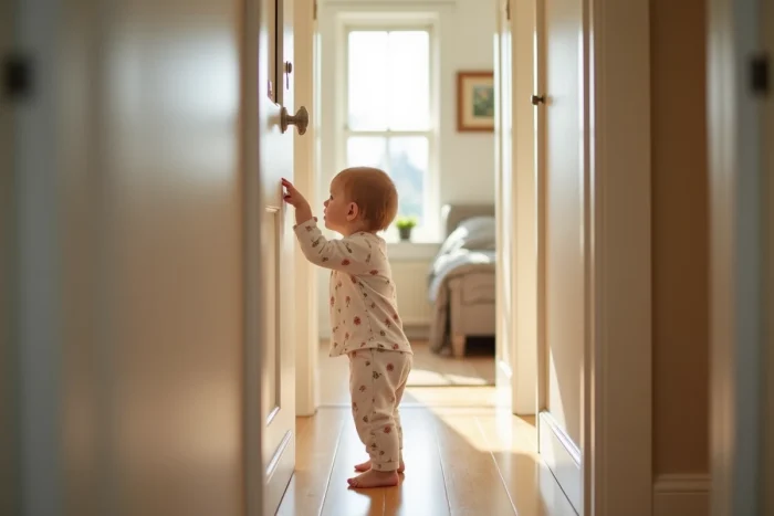 Bébé en pyjama fleuri tendant le bras vers une poignée de porte à levier dans un couloir résidentiel calme, profil concentré