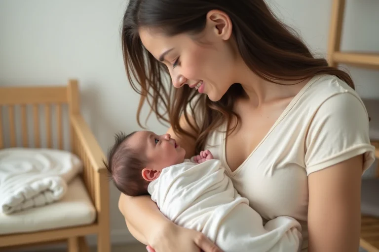 Mère tenant son nouveau-né dans ses bras dans une chambre de bébé, le nourrisson regardant instinctivement vers le visage maternel