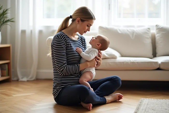 Maman assise par terre avec son bébé de cinq mois qui se tourne vers elle avec une expression apaisée de reconnaissance