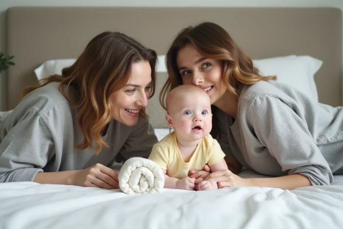 Mère et bébé de trois mois face à face sur un lit, le nourrisson souriant en reconnaissant le visage de sa maman