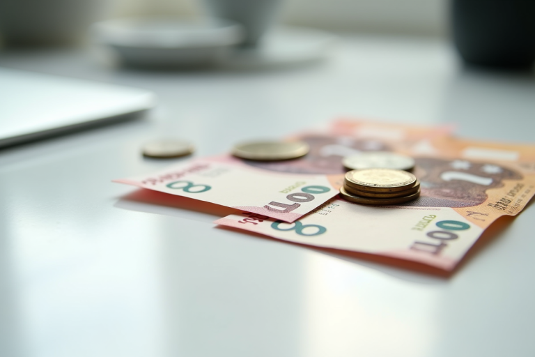 Vue rapprochee de billets et monnaies internationales sur un bureau blanc