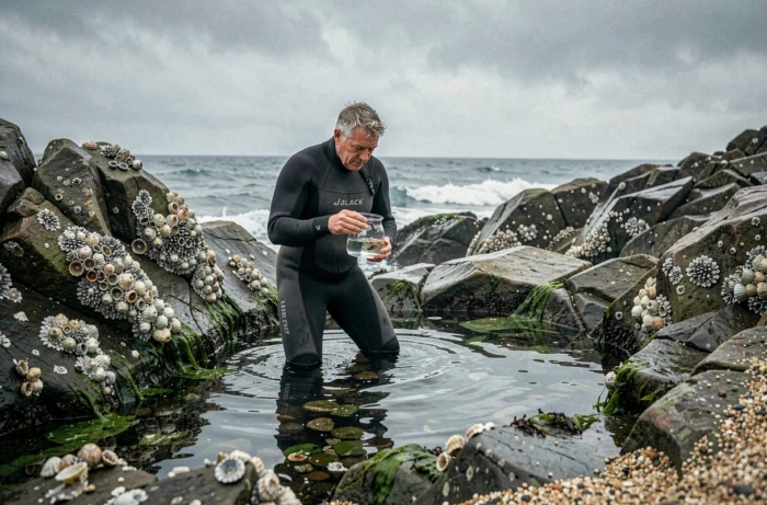 Biologiste marin étudiant des créatures marines dans une mare rocheuse sur la côte atlantique