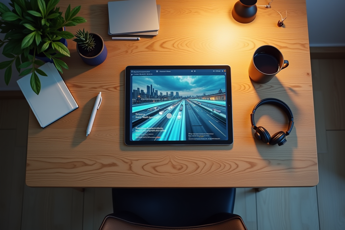 Vue de dessus d un bureau moderne avec tablette et accessoires pour formation en ligne