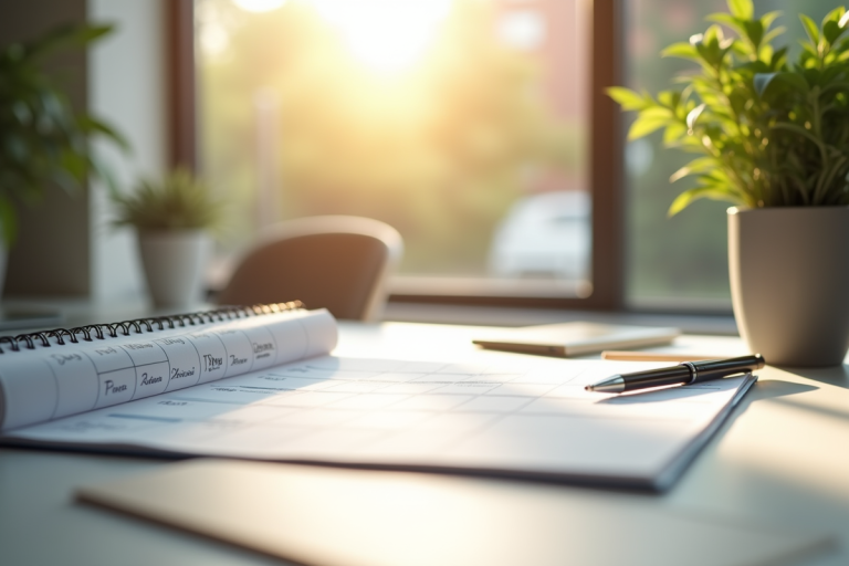 Bureau lumineux avec calendrier et planner ouvert