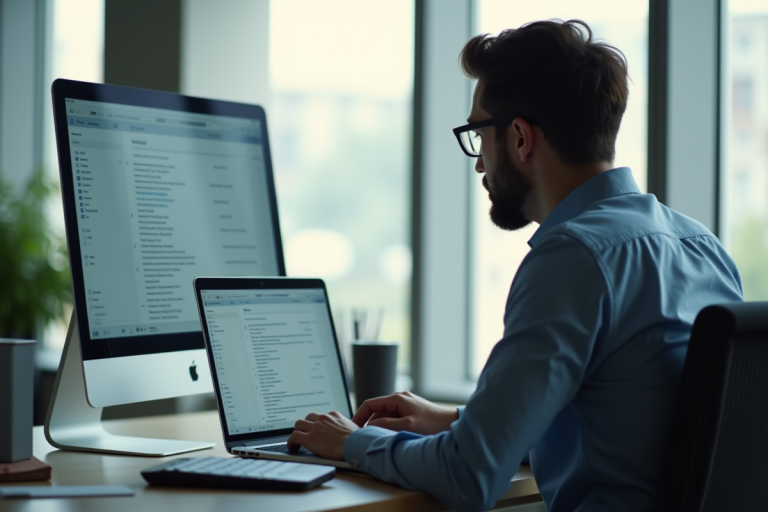 Employé de bureau concentré sur un ordinateur dans un bureau moderne