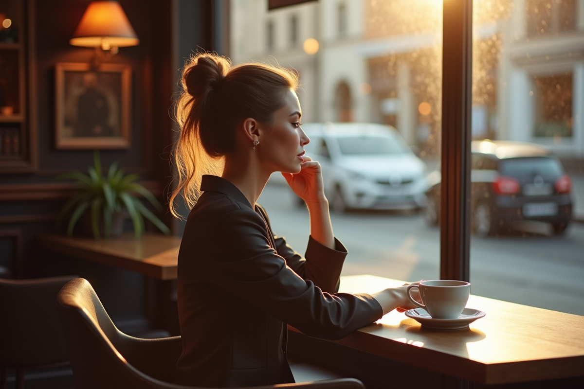 Femme sophistiquée dans un café lumineux