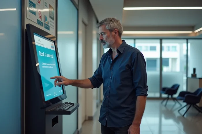 Homme utilisant une borne libre-service dans une agence France Travail pour changer son RIB