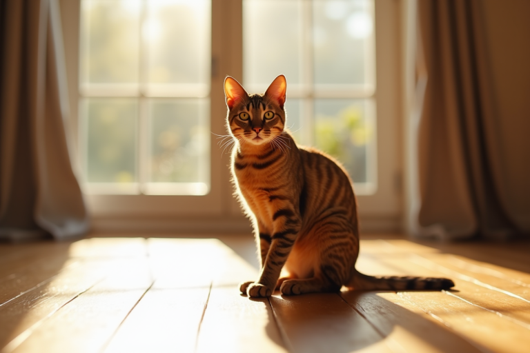 Chat abyssinien assis sur un sol en bois ensoleille