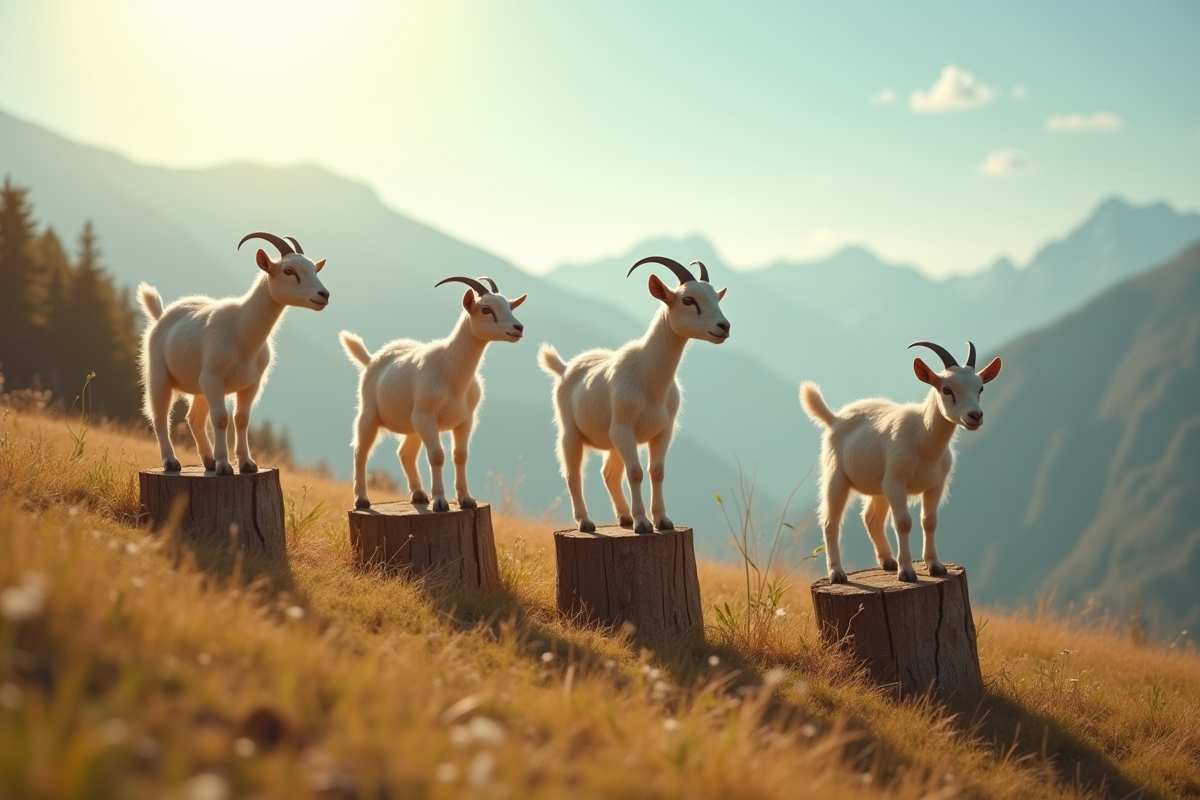 Chèvres sur une colline en équilibre sur des plateformes