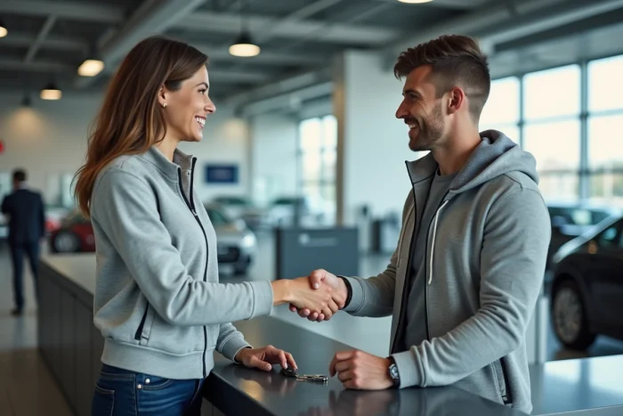 Cliente remettant ses clés de voiture à un conseiller de service dans un centre automobile moderne