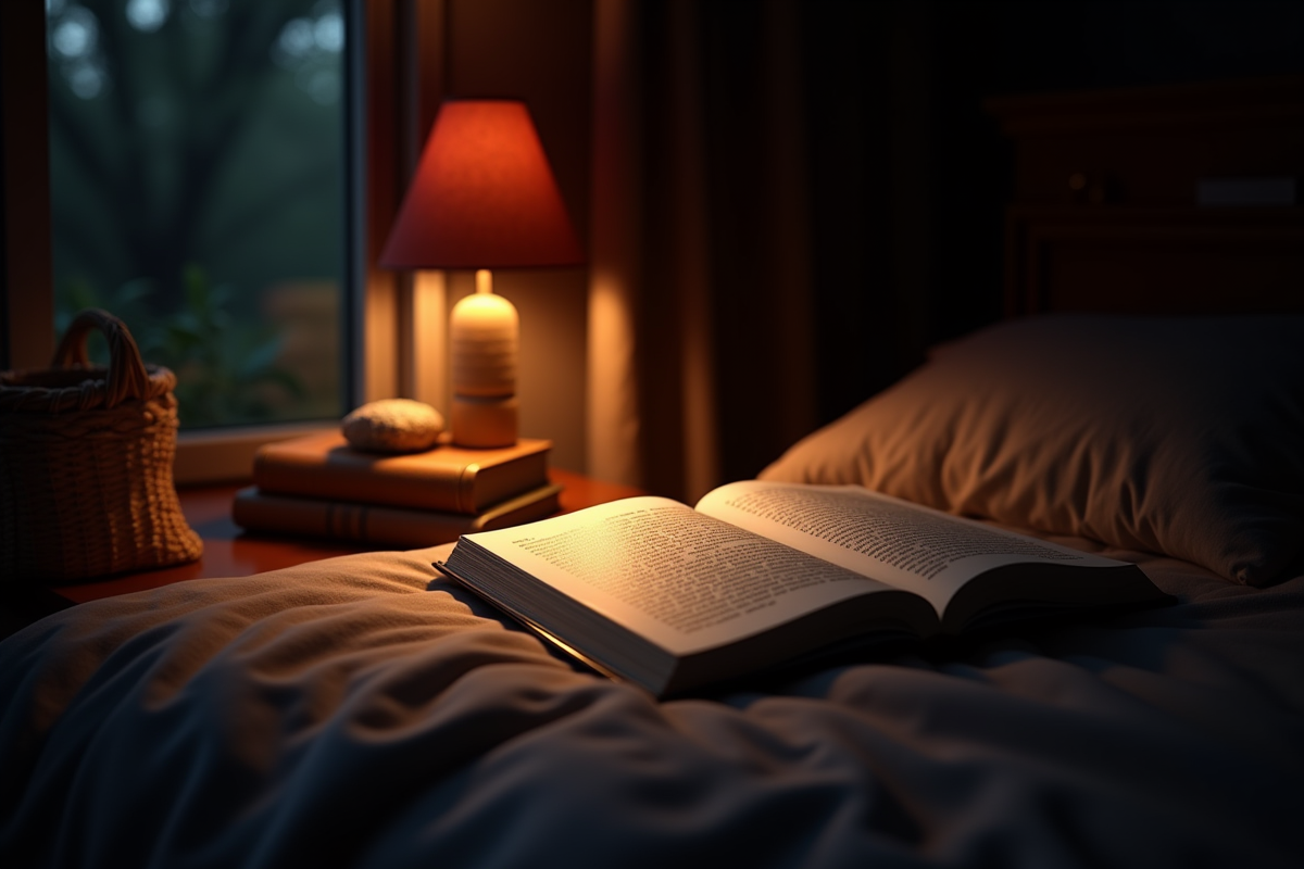 Coin lecture cosy la nuit avec tablette et livres physiques