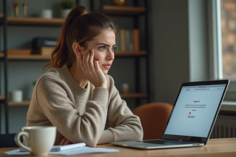 Femme frustrée devant un ordinateur portable affichant une erreur de connexion à un compte en ligne, illustrant un compte AL'in bloqué