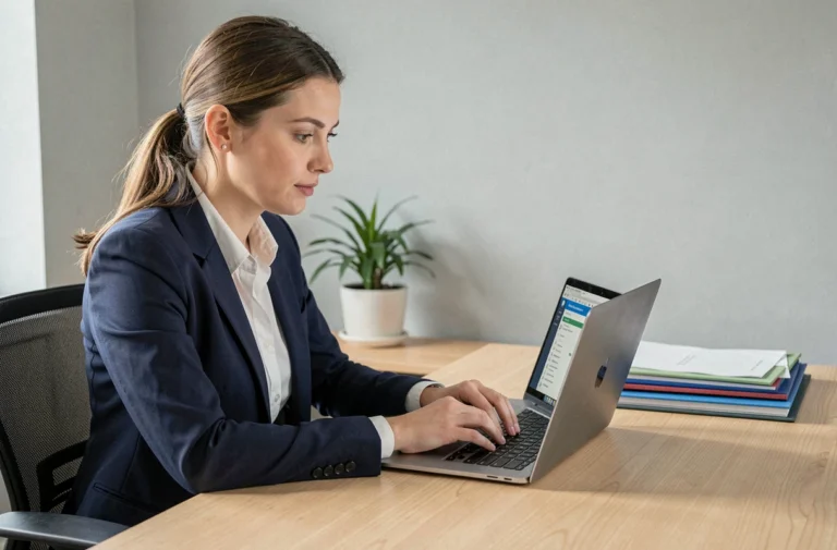 Femme professionnelle se connectant à un espace de gestion de documents en ligne sur un ordinateur portable dans un bureau à domicile moderne