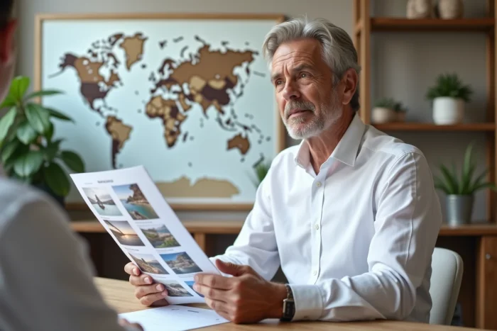 Conseiller en voyages sur mesure présentant un itinéraire personnalisé à un client dans un bureau moderne