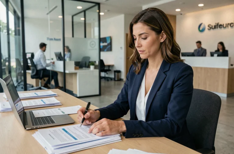 Conseillère bancaire en blazer marine analysant des documents financiers dans une agence bancaire moderne