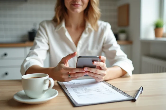 Jeune femme consultant son RIB papier et son smartphone pour mettre à jour ses informations bancaires sur France Travail