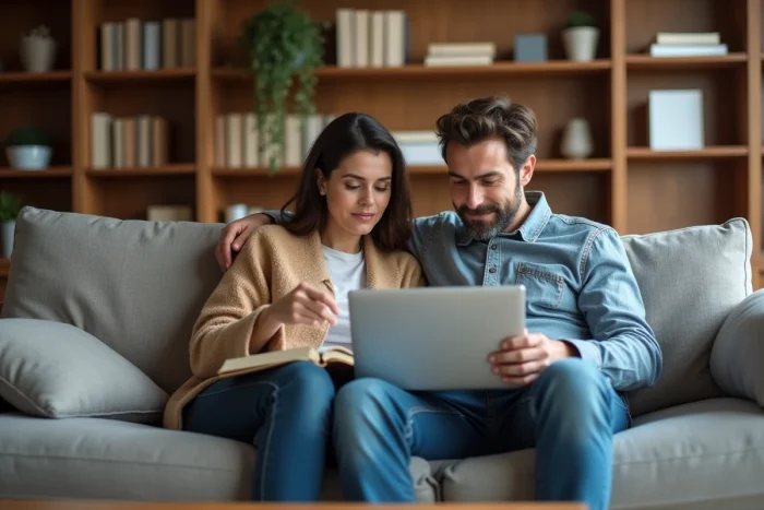 Couple consultant l'application Mon Proxima sur un ordinateur portable dans leur salon pour simplifier la gestion de leurs comptes