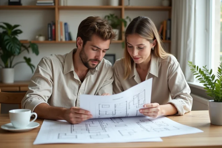 Couple étudiant des plans immobiliers et des annonces en ligne à leur table, dans un appartement au style scandinave épuré