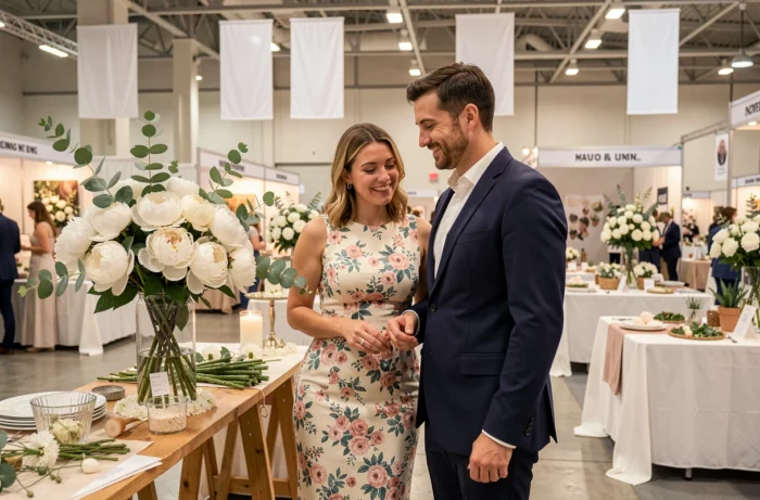 Couple de futurs mariés devant un stand de décoration florale lors d'un salon du mariage