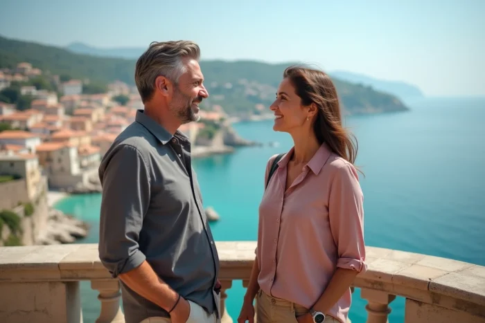 Couple profitant d'une vue panoramique sur un village méditerranéen lors d'un voyage sur mesure