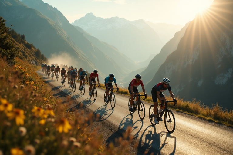 Groupe de cyclistes grimpeant une montagne au Tour de France