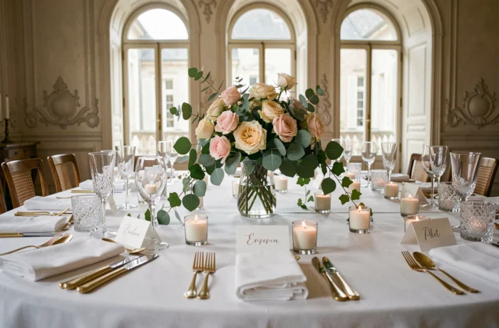 Table de réception de mariage élégamment dressée avec des roses, de la verrerie en cristal et une décoration florale luxuriante dans un château