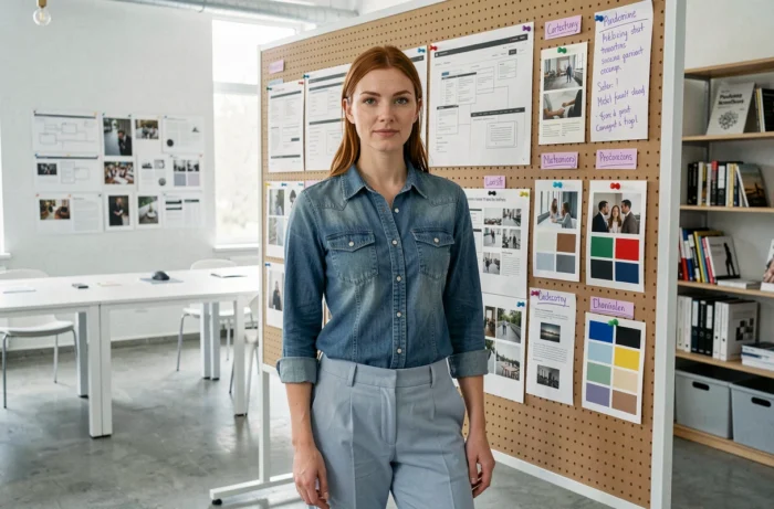 Designer debout devant un tableau de planification de site web avec wireframes imprimés et étiquettes de rubriques en violet dans un espace de travail professionnel
