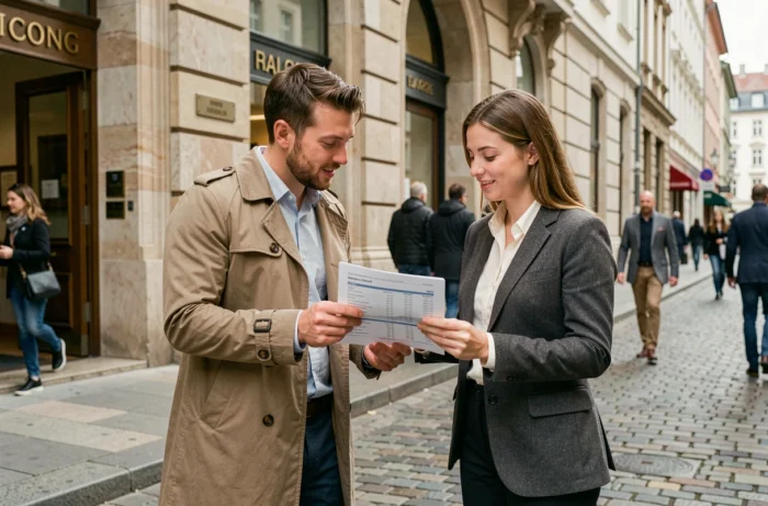 Deux collègues en tenue professionnelle discutant d'un relevé bancaire devant une banque traditionnelle en pierre dans une rue urbaine