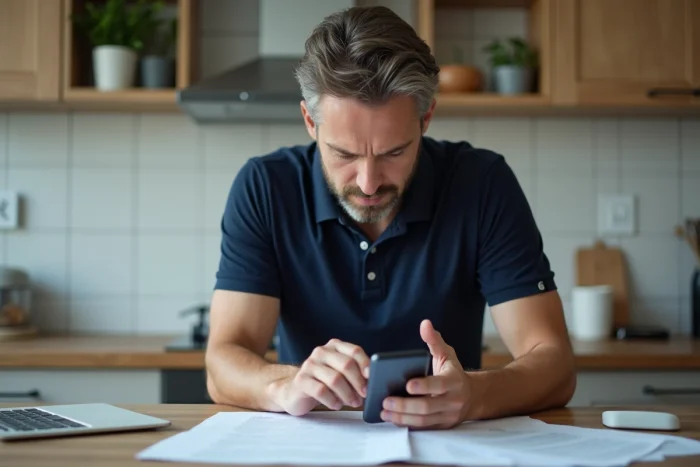 Homme consultant son smartphone et des documents administratifs pour débloquer ou corriger un dossier AL'in refusé