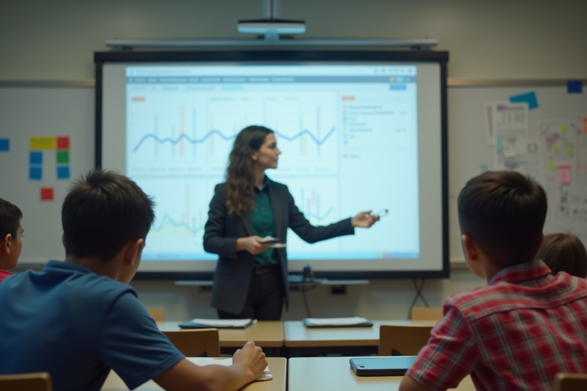 Professeur montrant contenu éducatif sur tableau interactif aux enfants