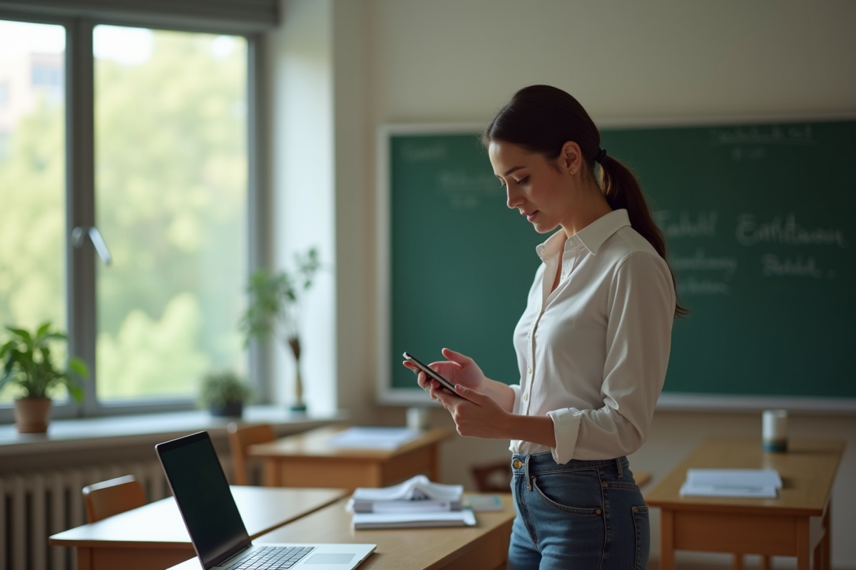 Enseignant utilisant un smartphone dans une classe calme