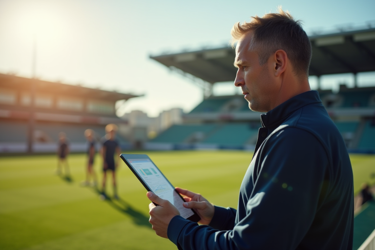 Entraineur rugby analysant statistiques sur une tablette au stade
