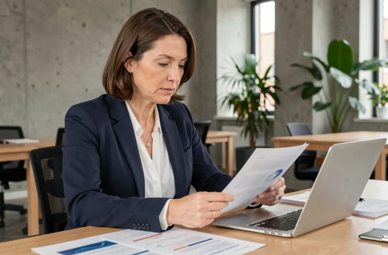 Entrepreneur femme consultant des documents professionnels dans un espace de coworking moderne