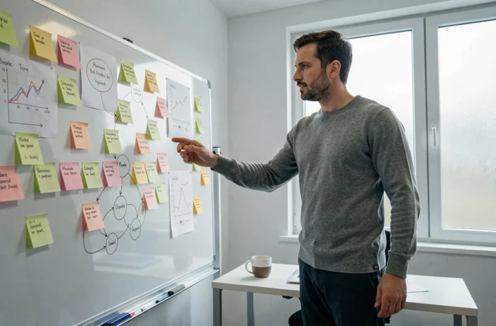 Entrepreneur masculin planifiant sa stratégie d'entreprise sur un tableau blanc dans un bureau minimaliste