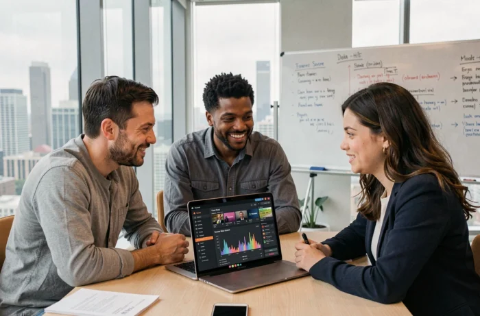 Équipe de professionnels des médias collaborant autour d'une plateforme de streaming dans une salle de réunion moderne
