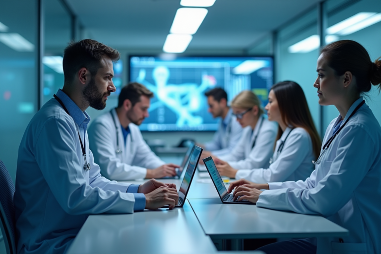 Groupe de professionnels de santé autour d'un poste de travail