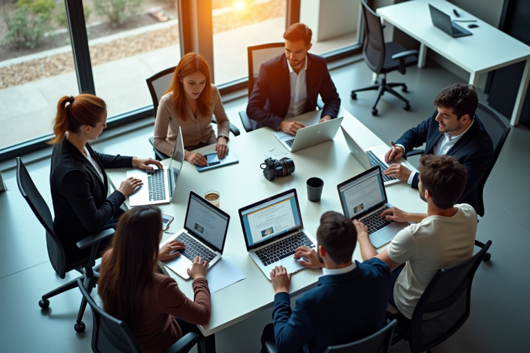 Espace de travail moderne avec professionnels collaborant