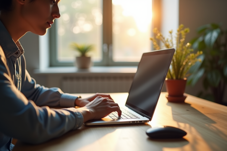 Espace de travail moderne avec un jeune adulte utilisant un ordinateur portable