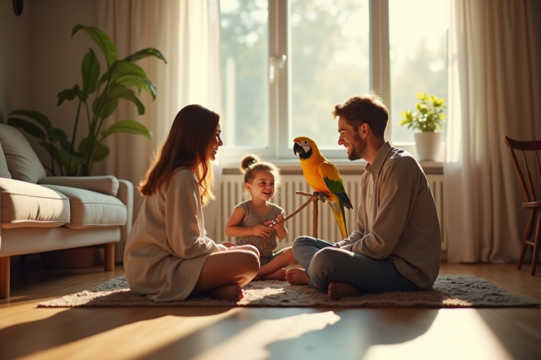 Famille heureuse avec perroquet parlant dans le salon