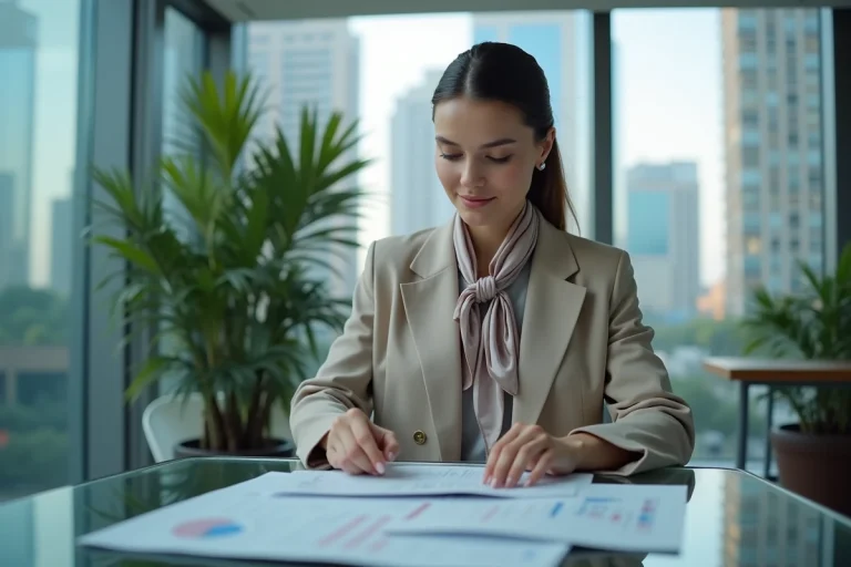 Femme d affaires élégante étudiant un rapport financier