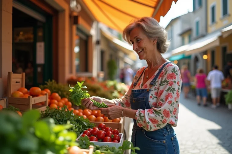 Femme italienne examine du basilic frais au marché de Bordighera