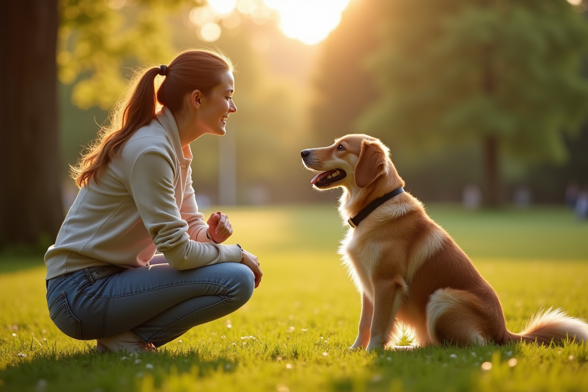Jeune femme écoute un chien parlant dans un parc en plein air